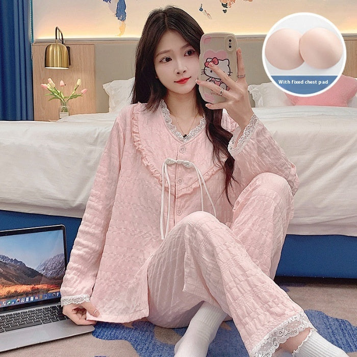 New Chinese Style Pajamas Women's Cute Sweet Home Wear With Chest Pad