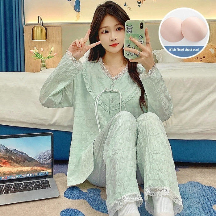 New Chinese Style Pajamas Women's Cute Sweet Home Wear With Chest Pad