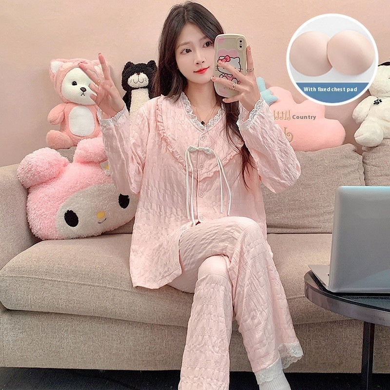 New Chinese Style Pajamas Women's Cute Sweet Home Wear With Chest Pad