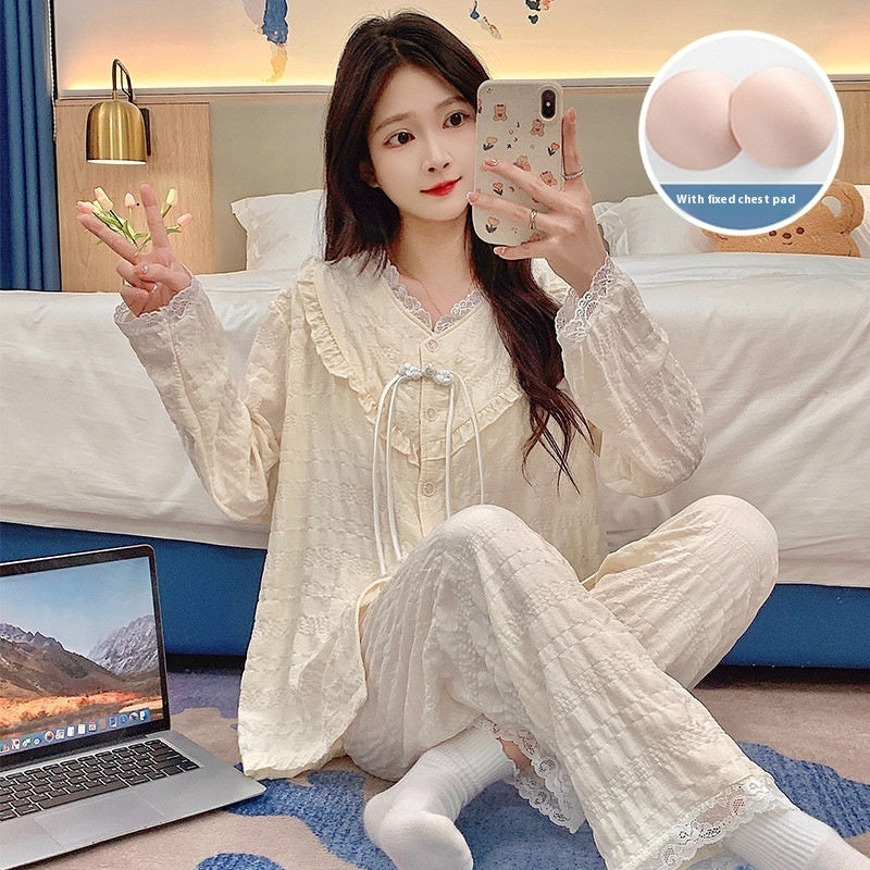 New Chinese Style Pajamas Women's Cute Sweet Home Wear With Chest Pad