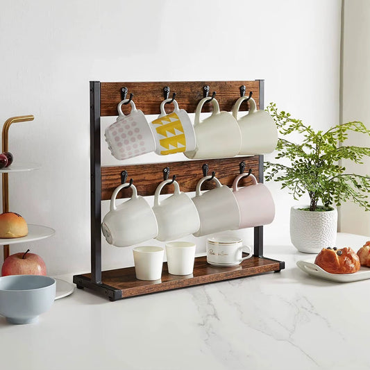 Vintage Wood Coffee Mug Holder Stand 2 Tier Countertop Mug Tree Holder Rack with 16 Hooks Hangers