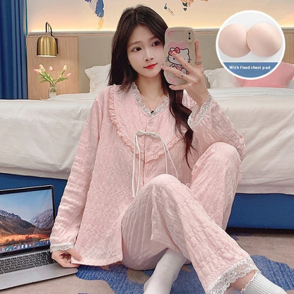 New Chinese Style Pajamas Women's Cute Sweet Home Wear With Chest Pad