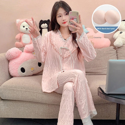 New Chinese Style Pajamas Women's Cute Sweet Home Wear With Chest Pad